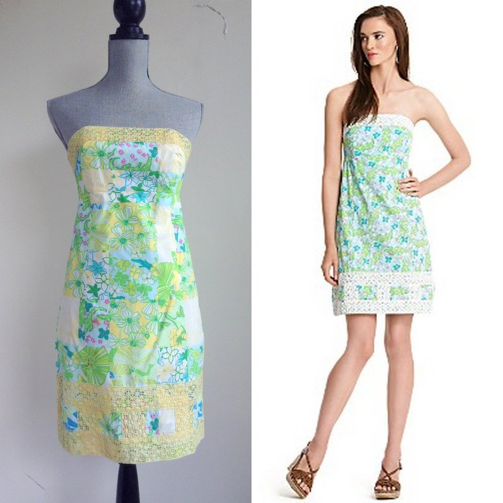 Lilly Pulitzer Bowen Lace Eyelet Strapless Alligator Floral Green Yellow Dress 2